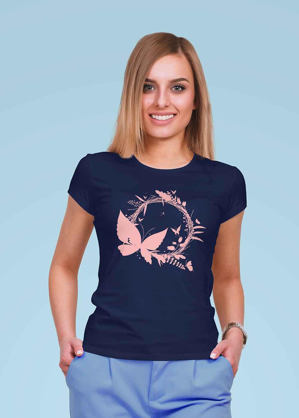 Butterfly Navy Blue Half Sleeves Women’s T-Shirt - Kamicia